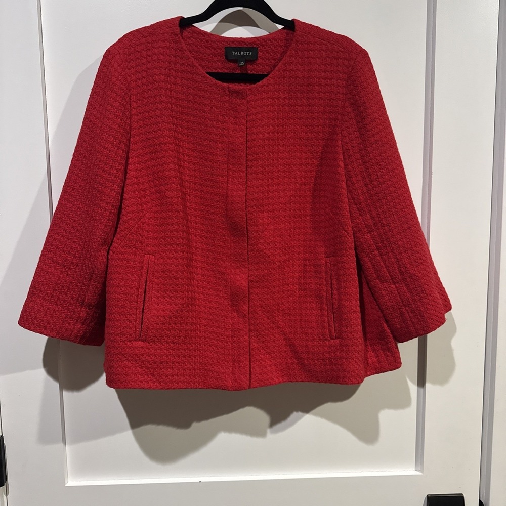 Talbots Jackie Fit Red Tweed Blazer Womens 14 Moto Style Full Zip Office Jacket
